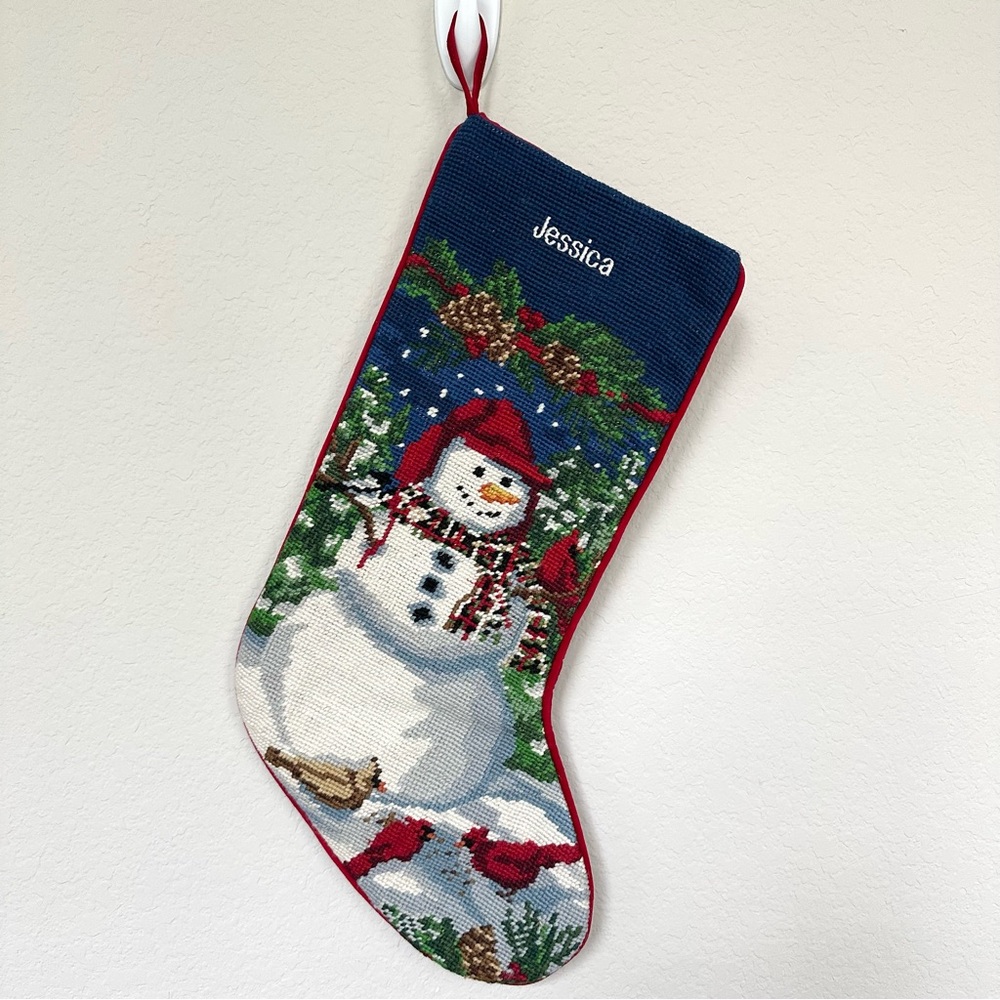 L.L. Bean Needlepoint Wool Christmas Snowman Cardinals Stocking